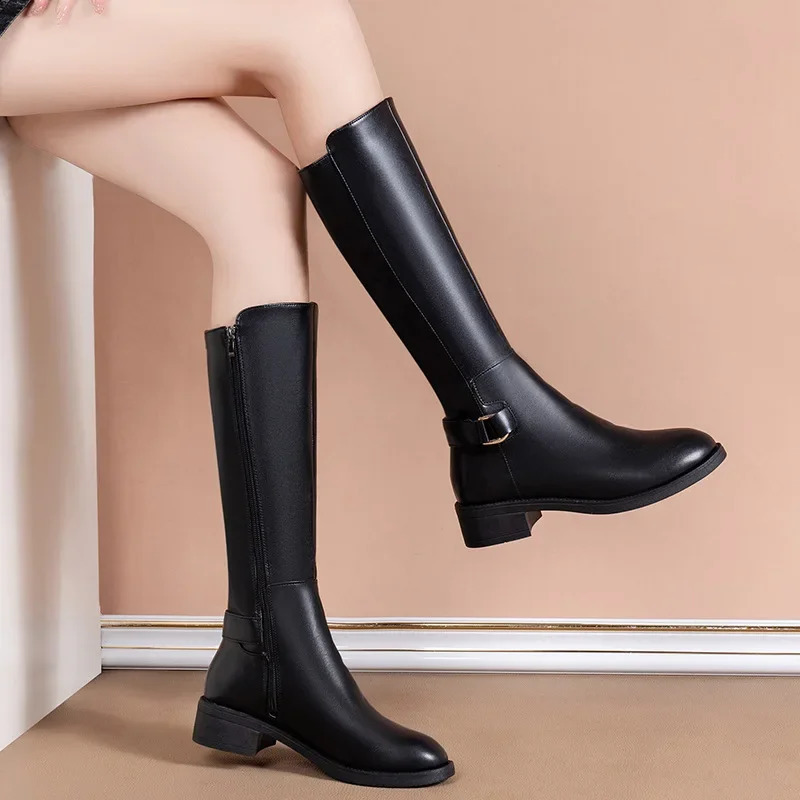 Winter Non-slip Leather Long Boots Zipper Thick High Heels Boot Knee High Botas Low Heels Black Shoes Shoes for Women 241231