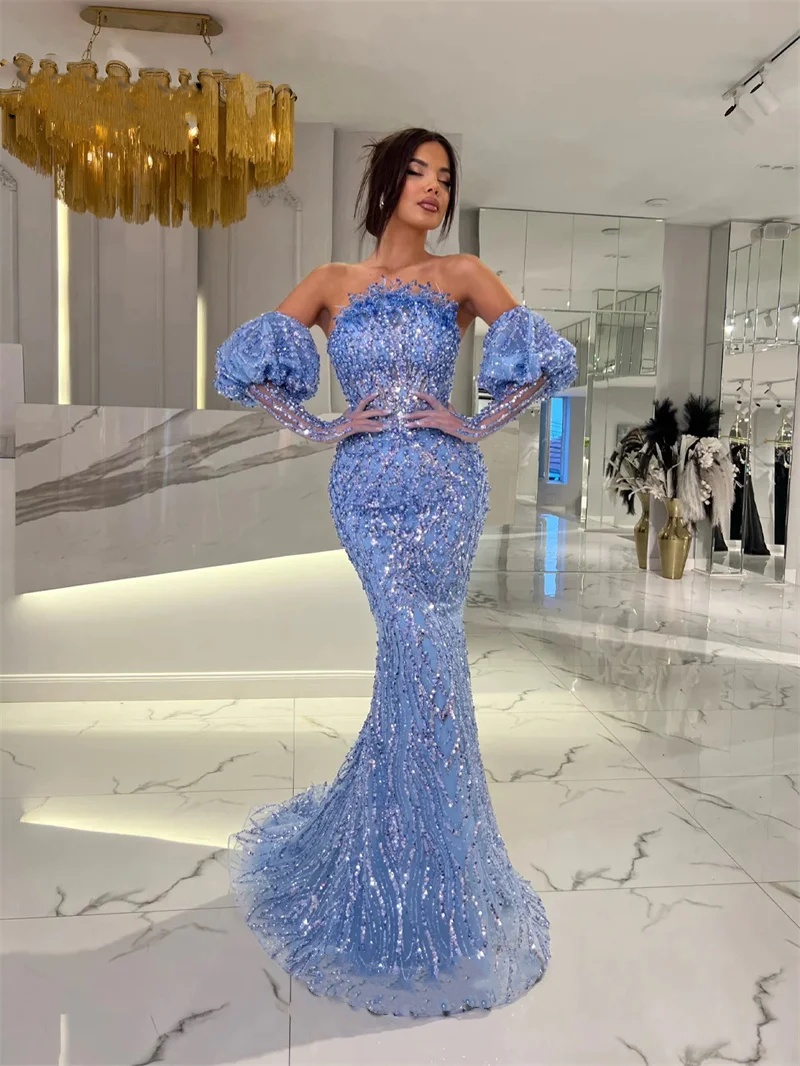 Strapless Sequined Evening Gown with Removable Sleeves - Sweep Train, Customizable, 2024 Party Dress