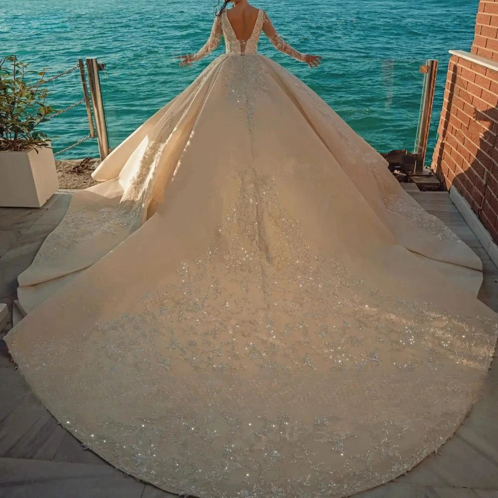 Exquisite Square Neck Wedding Dresses Sparkly Beads Sequins Bride Gowns Long Sleeves Appliques Customized Robe Vestido De Novia 6660312