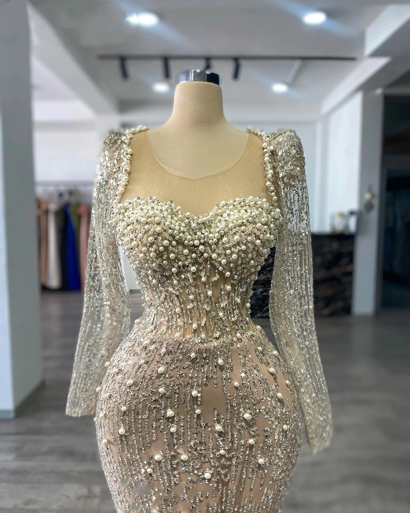 Evening Dresses For Women Sheer Neck Long Sleeves Gown Sequins Pearls Sweep Train Customized Dress Party