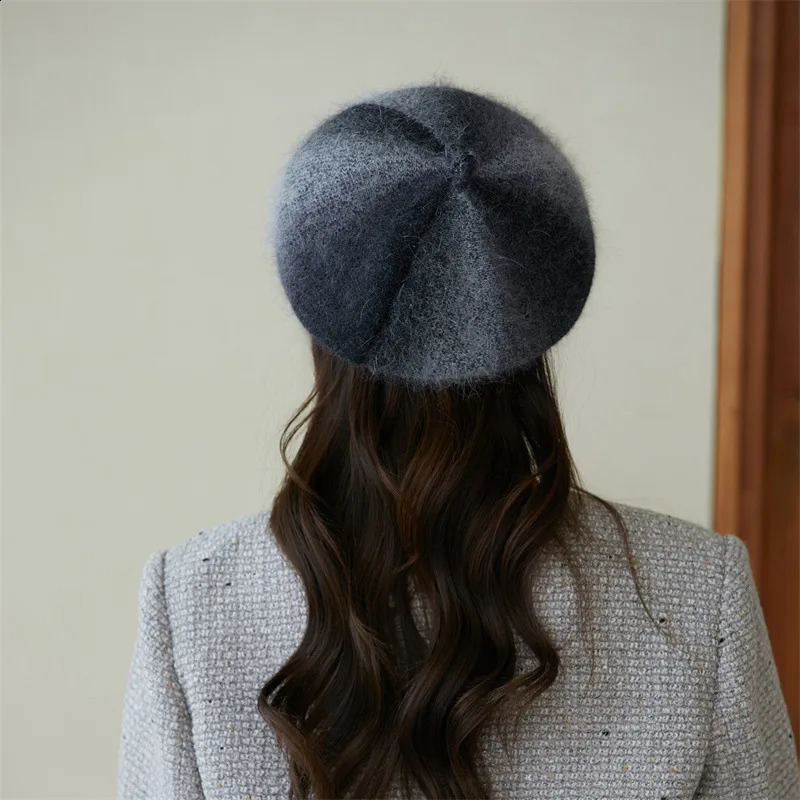Rabbit hair knitted Thick Berets Autumn Winter Warm Hat Artist Beret Women Painter Hat Girls Female Walking Cap Vintage Casual 241226