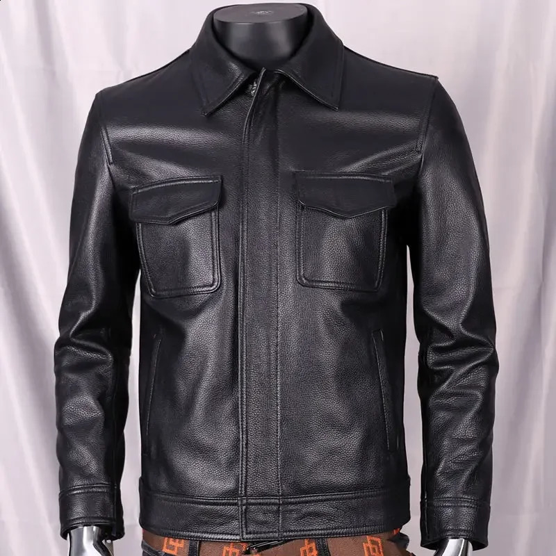 Autumn Winter Classic Motorcycle Jackets Men Turn-down Collar Leather Jacket Mens Natural Cowhide Thick Moto Jacket 241230