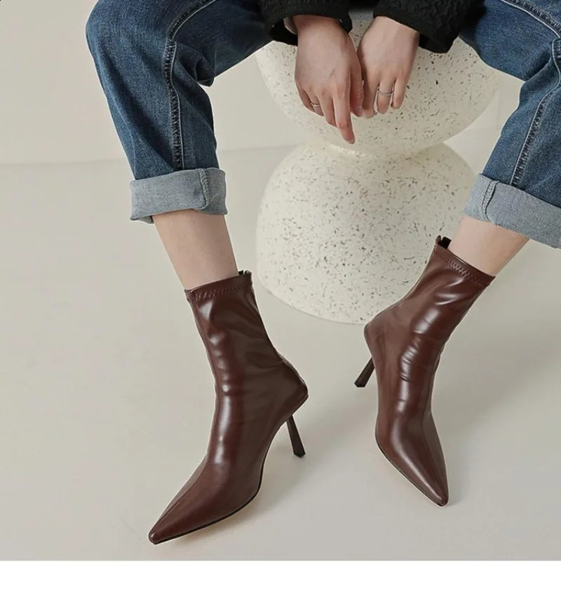 Autumn Winter Pointed Toe Women Ankle Boots Fashion Zipper Shoes Thin High Heel Womens Morder Short Booties D214 241231