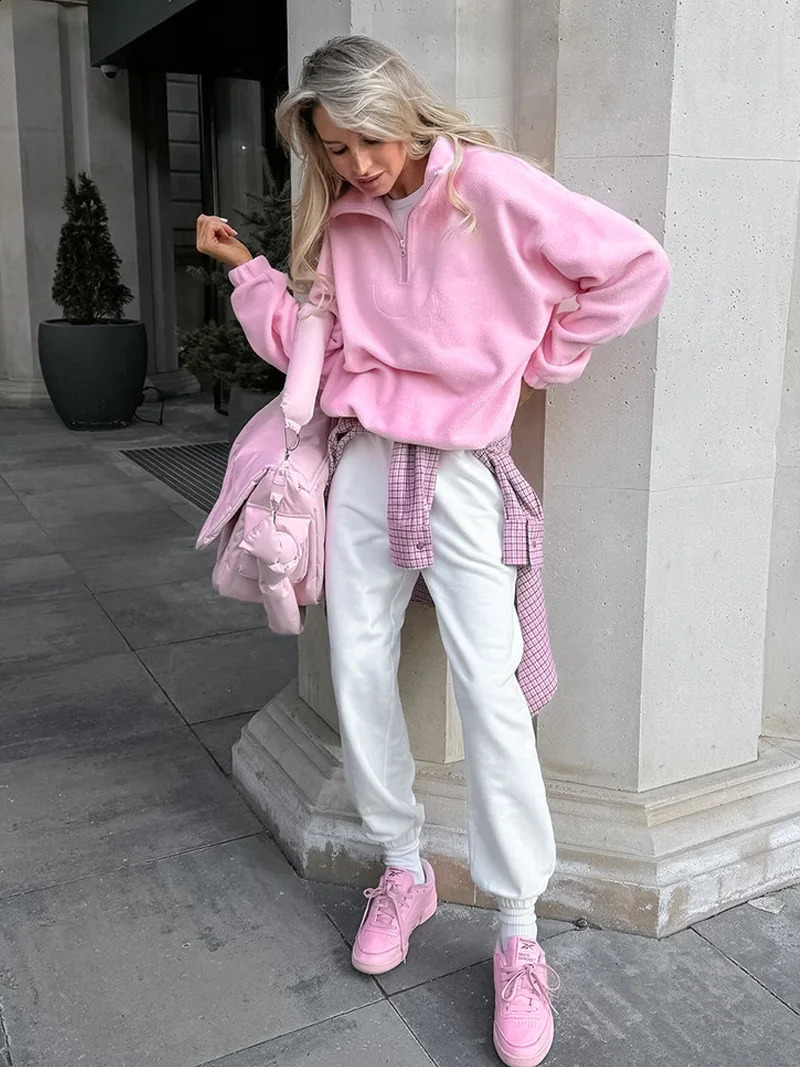 DGLUKE Zipped Pink Sweatshirt Woman Fashion Pullover Oversized Hoodie Y2K Street Style Women Fleece Winter Coats Jackets 241224
