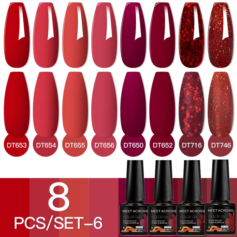MEET ACROSS 8Pcs/Set Crystal Red Gel Nail Polish Set Sparkly Glitter Nail Art Vernis Semi Permanent UV Painting Gel Kit 241230