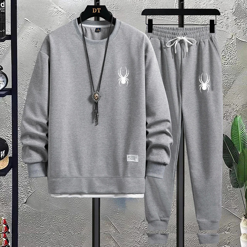 Mens Waffle Suit Sets Casual Long Sleeved Sweatshirt and Pants for Sports Mens T-shirt Hoodie Casual Trousers Set Loose Fit 241224
