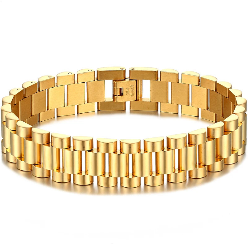 15MM 7 8 9 Stainless Steel Watch Band Link Chain Mens Bracelets For Man Gold Color Hand Bracelet Length Adjustable Wholesale 241230