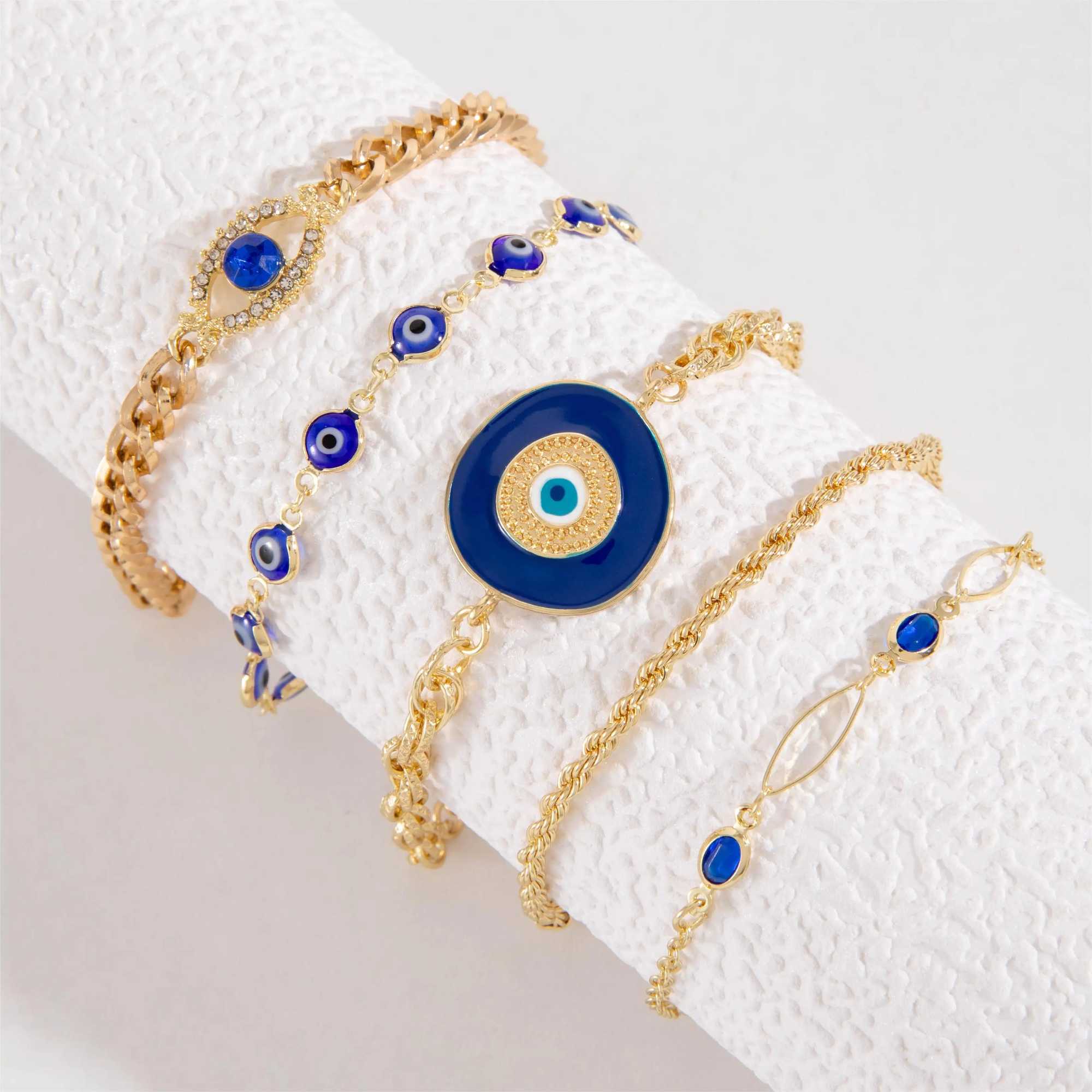 Tocona 5-piece/set Retro Versatile Blue Rhinestone Bracelet for Women Fashyon Blue Eyed Beaded Alloy Bracelet Jewelry 25977 W241231