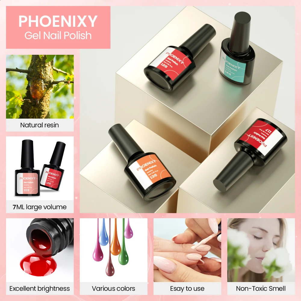 PHOENIXY Gel Nail Polish Set 8ml UV LED Soak Off Gel Varnish Red Pink Color Glitter Nail Gel Polish Top Base Coat Nail Art Kits 241230