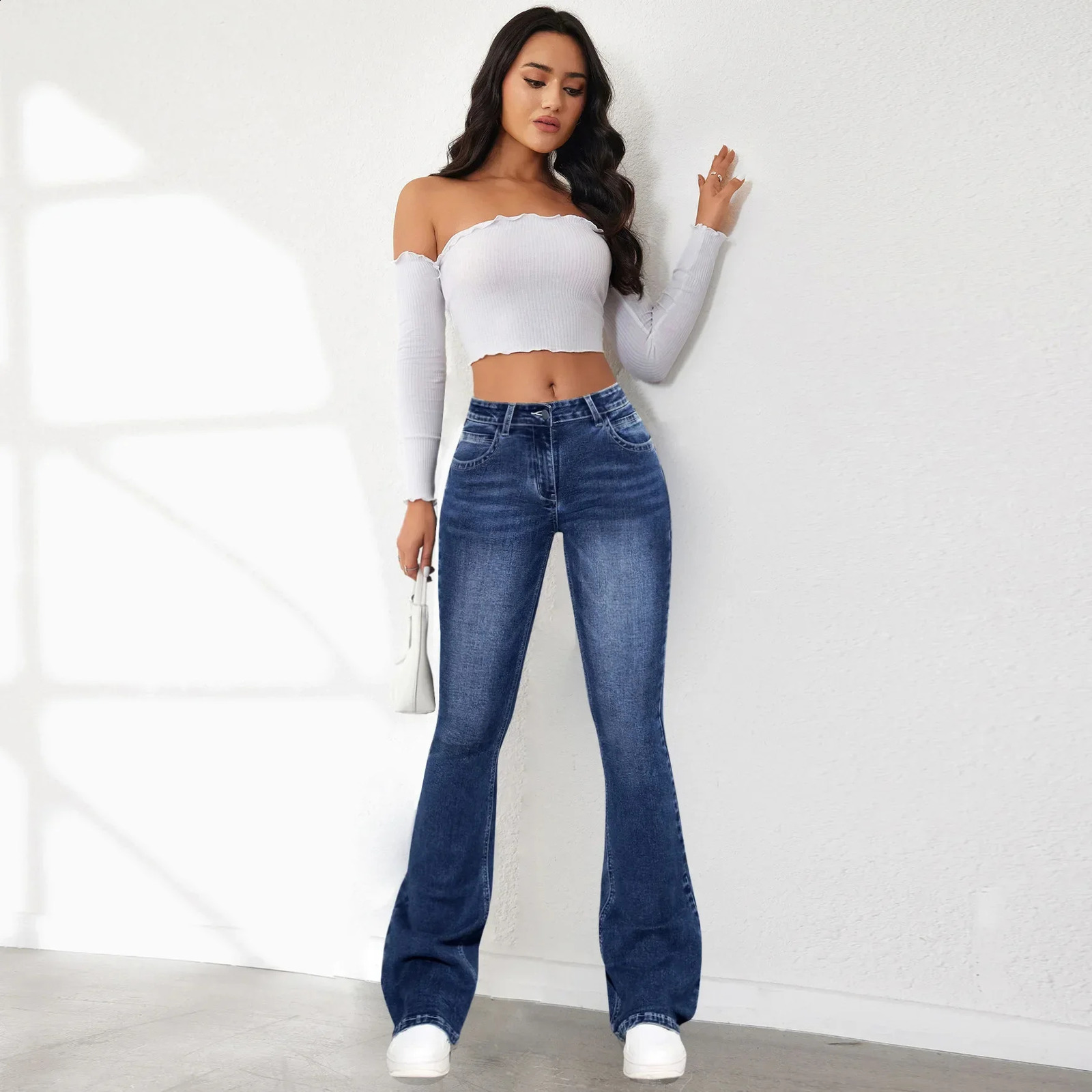 Women Jeans Slim Pants Denim Washing Pockets High Waist Solid Ankle Length Boot Cut Streetwear Casual Zipper Fly 241230