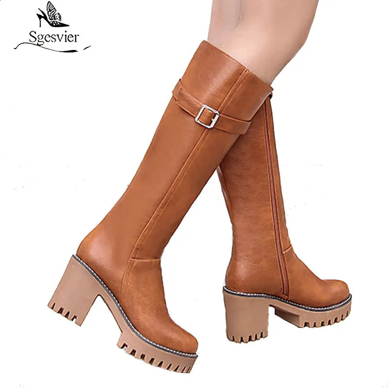 Sgesvier Retro women boots lace up buckle lace up knee high boots round toe platform winter boots ladies shoes size 43 241231