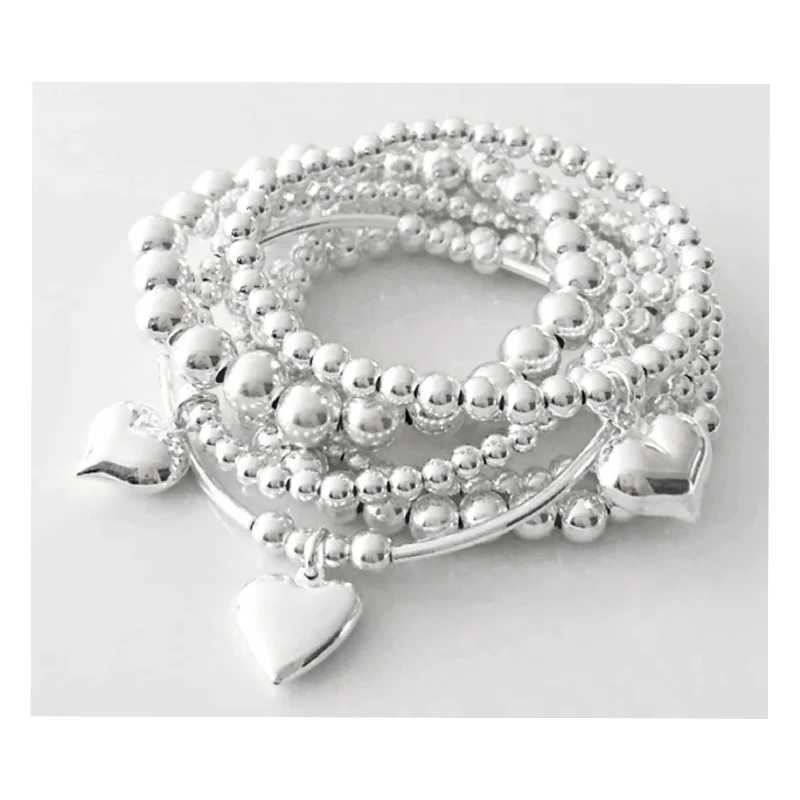 7 pieces/set of unique heart-shaped charm bead bracelet set for women retro simple silver exquisite multi-layer bracelet jewelry gift W241231