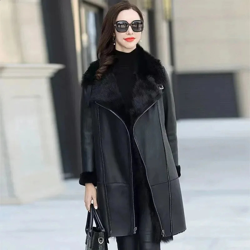 Oversized 6XL Thicken PU leather Jacket Womens 2024 Winter Warm Faux Mink Fur Coat Female Loose Windproof Parka Long Overcoat 241223Z