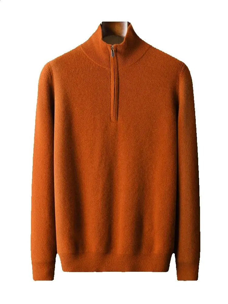 Men Zipper Mock Neck Cashmere Pullover Autumn Winter 100% Merino Wool Sweater Color Contrast Knitwear Smart Casual Jumpers 241230