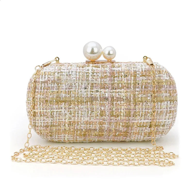 Sequin Tweed Evening Bag Faux Pearl Clutch Purse Plaid Pattern Handbags for Wedding Party Prom Small Shoulder Crossbody Bags 241231