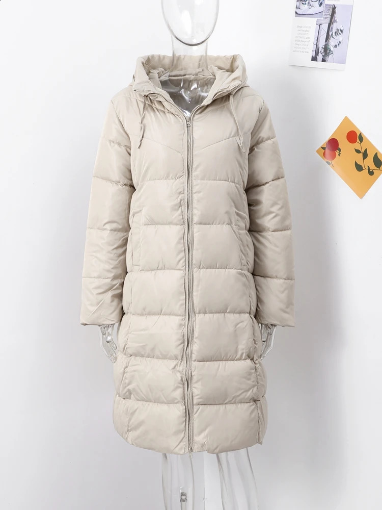 Fashion Medium Long Padded Coat Women Casual Hoodies Zipper Pockets Sleeve Female Down Jacket 2024 Winter Lady Outerwears 241220