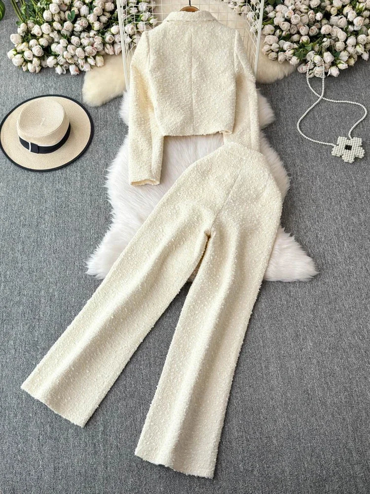 French Elegant Socialite Tweed Suit Lapel Single-breasted Long Sleeve Top High Waist Straight Slim Trousers Two Piece Sets Women 241230