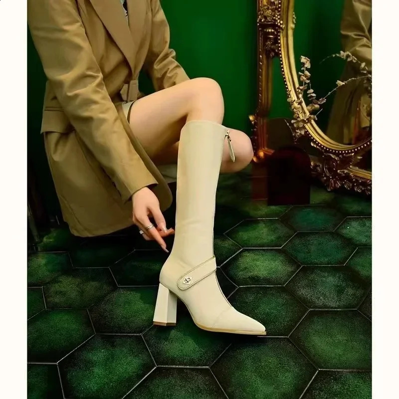 Black Boots Female Winter Belt Buckle Thin Pointed Thick Heel Boots Botas De Mujer Thigh High White Boots 241231