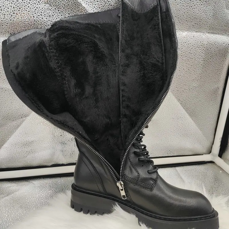 SKLFGXZY Winter Fur European Leather Women Boots Motorcycle Knee -High Boots Lace-up The Girls Long Womens Shoes 241231