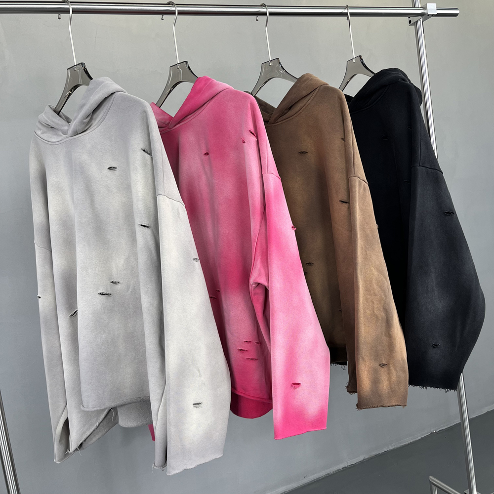 Newaw Irregular Holes Make Old Washed Spray Dye Hoodie Streetwear