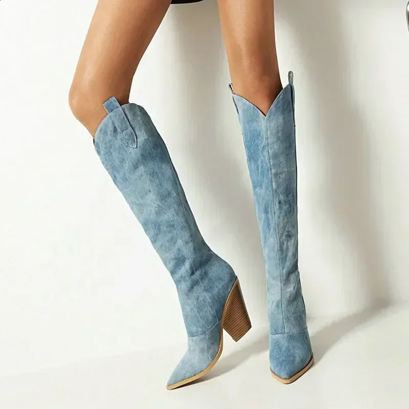 Denim Western Women Knee Thigh High Boots Autumn Winter High Heel Cowboy Long Boots Size 43 Slip on Woman Shoes 241231