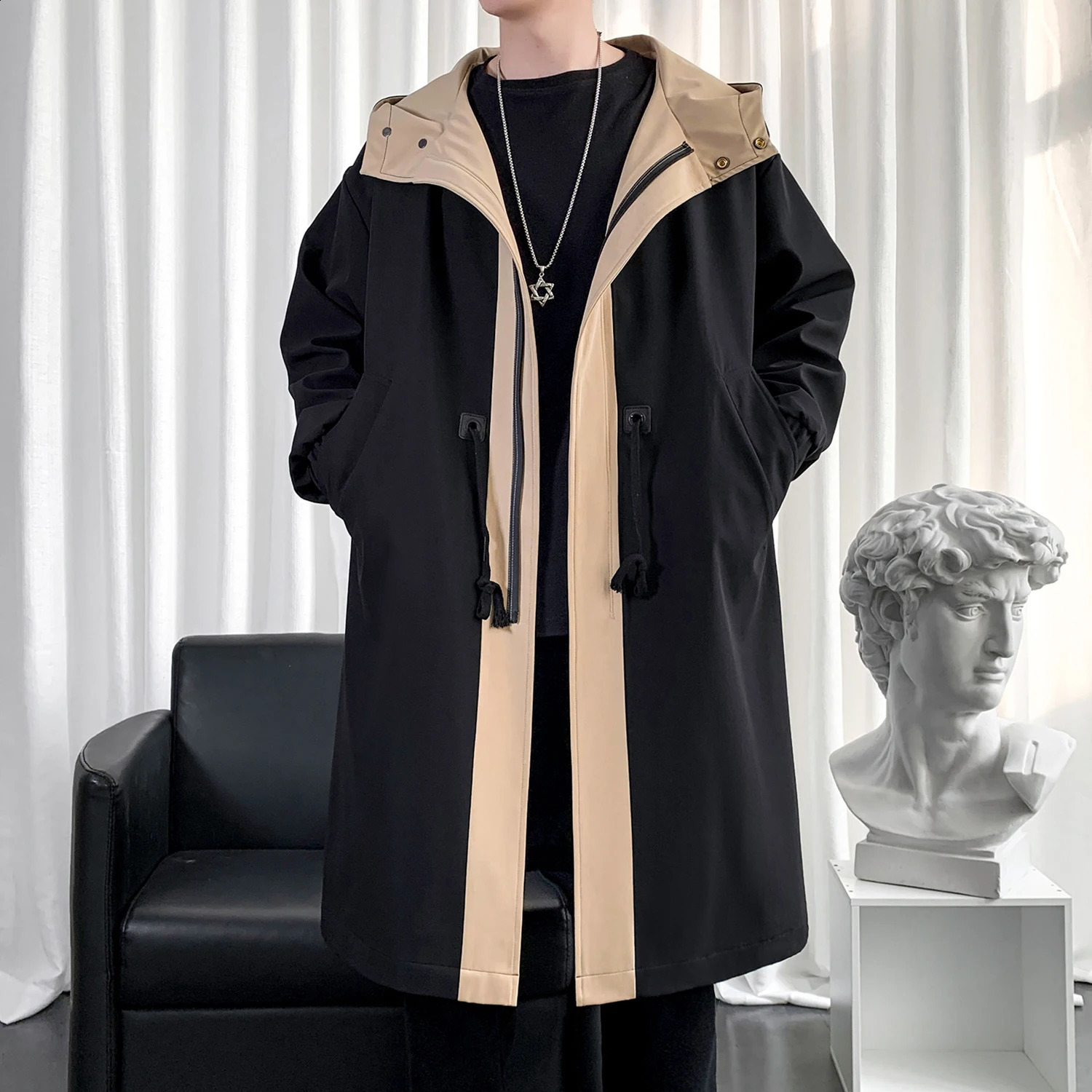 Mens Long Windbreaker Hooded Trench Coat Contrasting Loose Oversized Jacket Patchwork Casual Top Zipper Waistband Male Clothing 241228