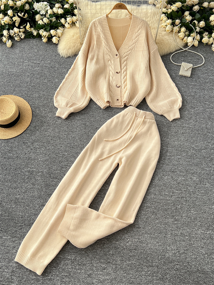 Winter Knit Warm Two Pieces Suits Women Loose Twist Drill Cardigan+Drawstring Wide Legs Long Pants Sweater Sets