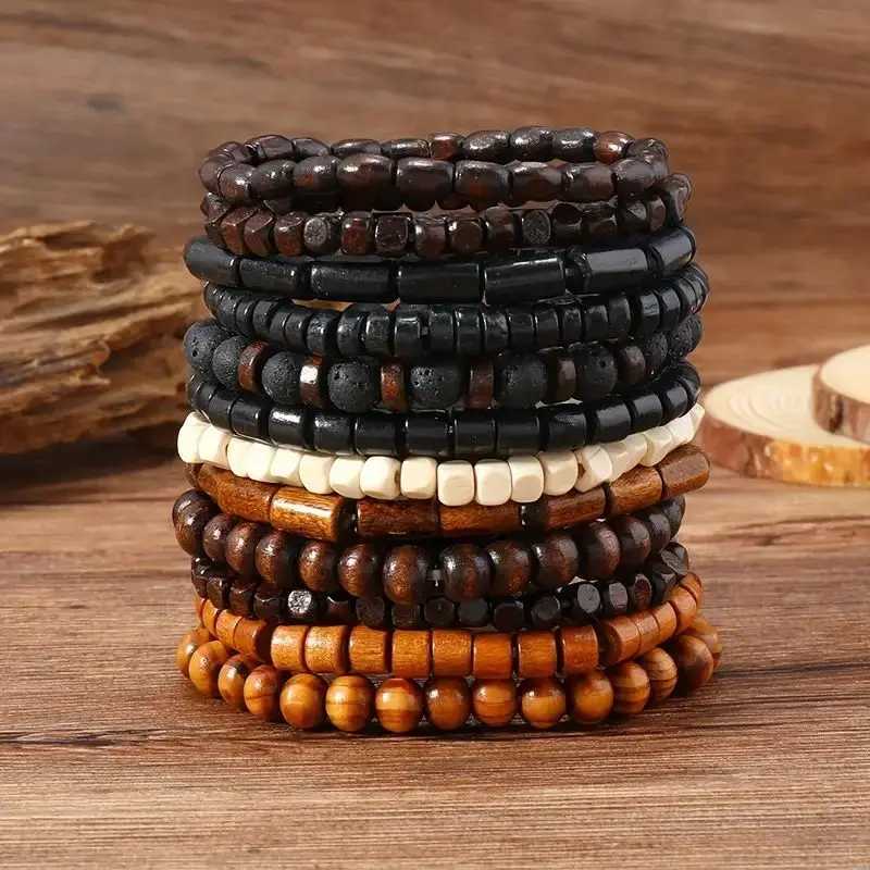 24 pieces/set mens retro Tren multi-layer bracelet set Versatile Elastic Thread wooden bead bracelet W241231