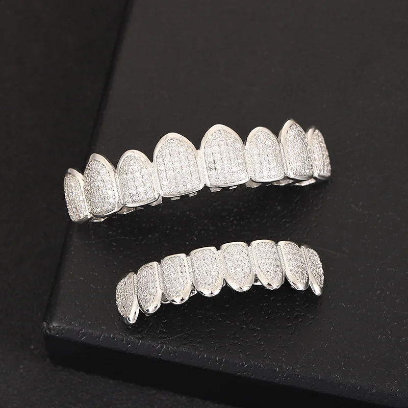 HipHop CZ 8 Teeth Set For Unisex Top Bottom Mouth Gold Silver Color Teeth Tooth Cap Removable Dental Fashion Jewelry 241226