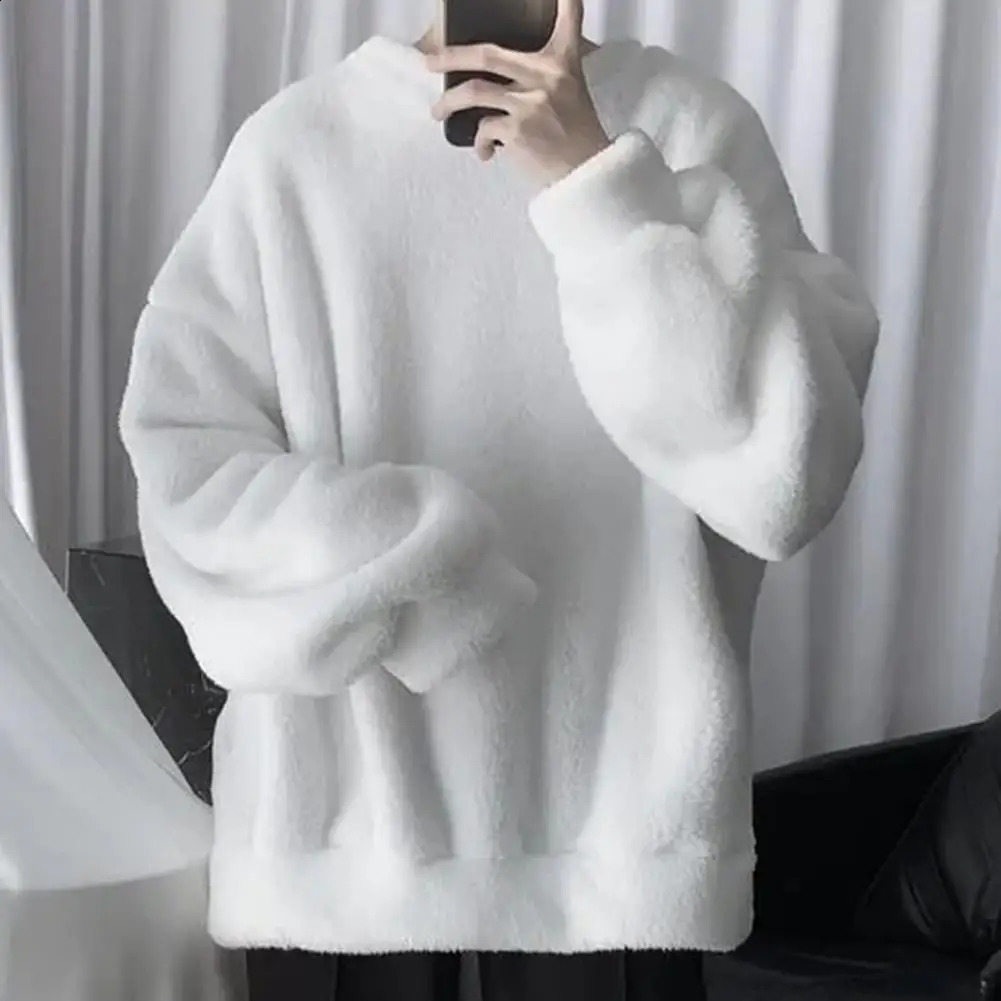 Lamb Wool Fleece Men Sweatshirt O Neck Loose Cozy Winter Pullovers Push Lining Fluffy Winter Sweatshirt Crew Neck Loose Hoodie 241230