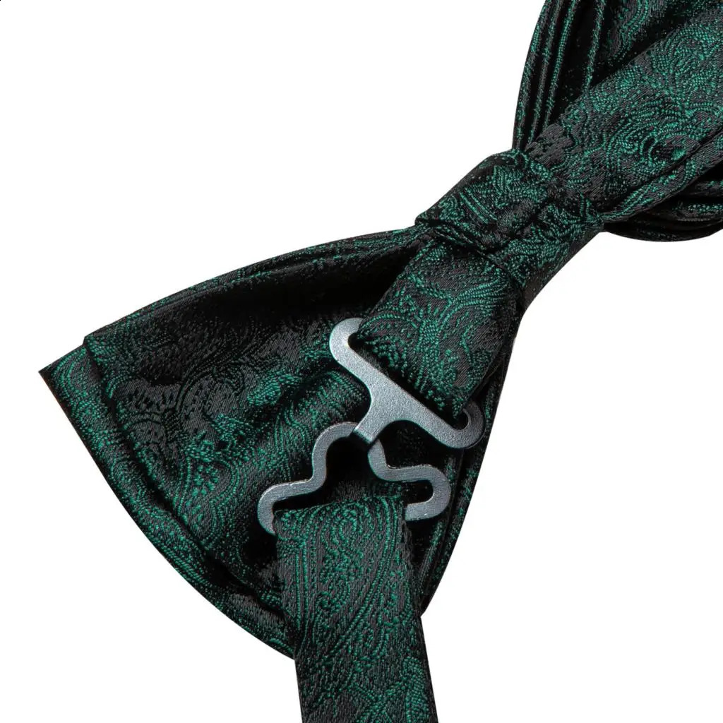 Hi-Tie Jacquard Paisley Dark Green Bowtie for Men Silk Butterfly Tie Bow Tie Hanky Cufflinks Wedding Party Gift Bowtie Wholesale 241230