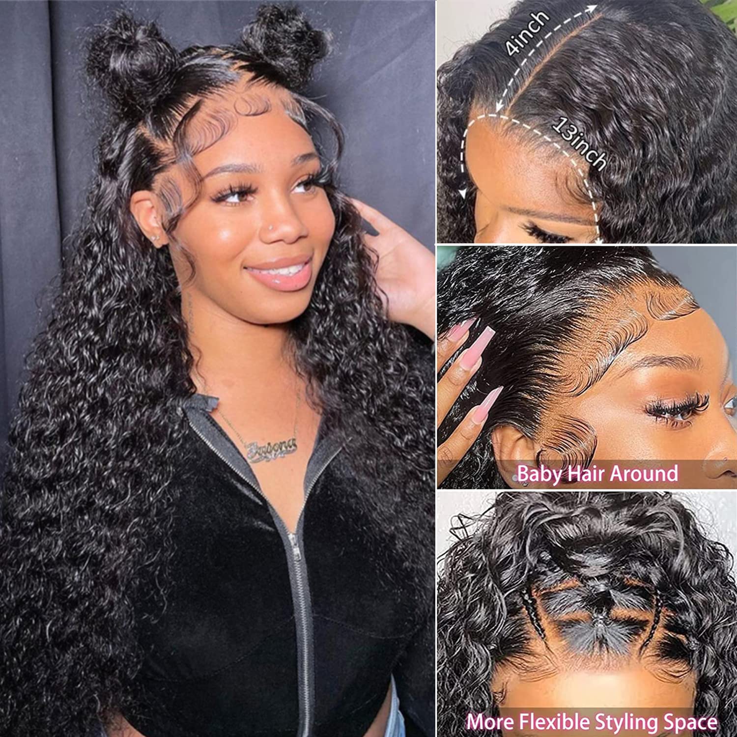 34Inch Long Natural Deep Wave Synthetic Wig 13x4Lace Front Black Curly Wigs 200Density Heat Resistant Fiber For Black Women