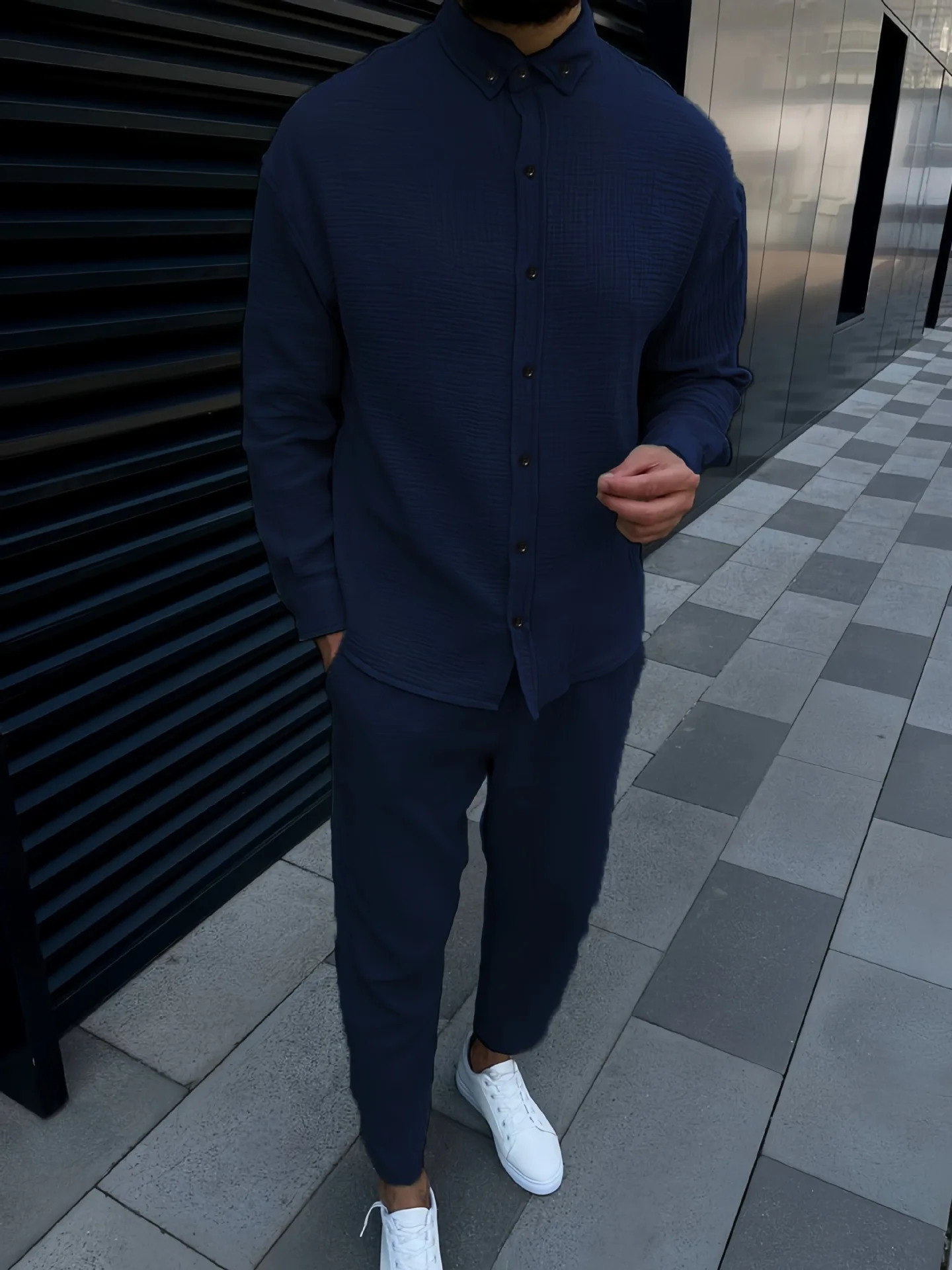 Spring and autumn mens cotton linen lapel comfortable casual shirt set fashion long sleeve cargo pants solid color twopiec 241223