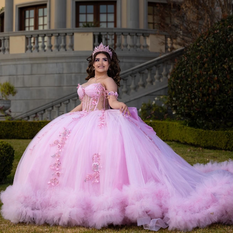 Pink Quinceanera Dresses Ball Gown Off The Shoulder Applique Lace Beads Bow Tull Tiered Party Birthday Sweet 16 Vestido De 15 Anos