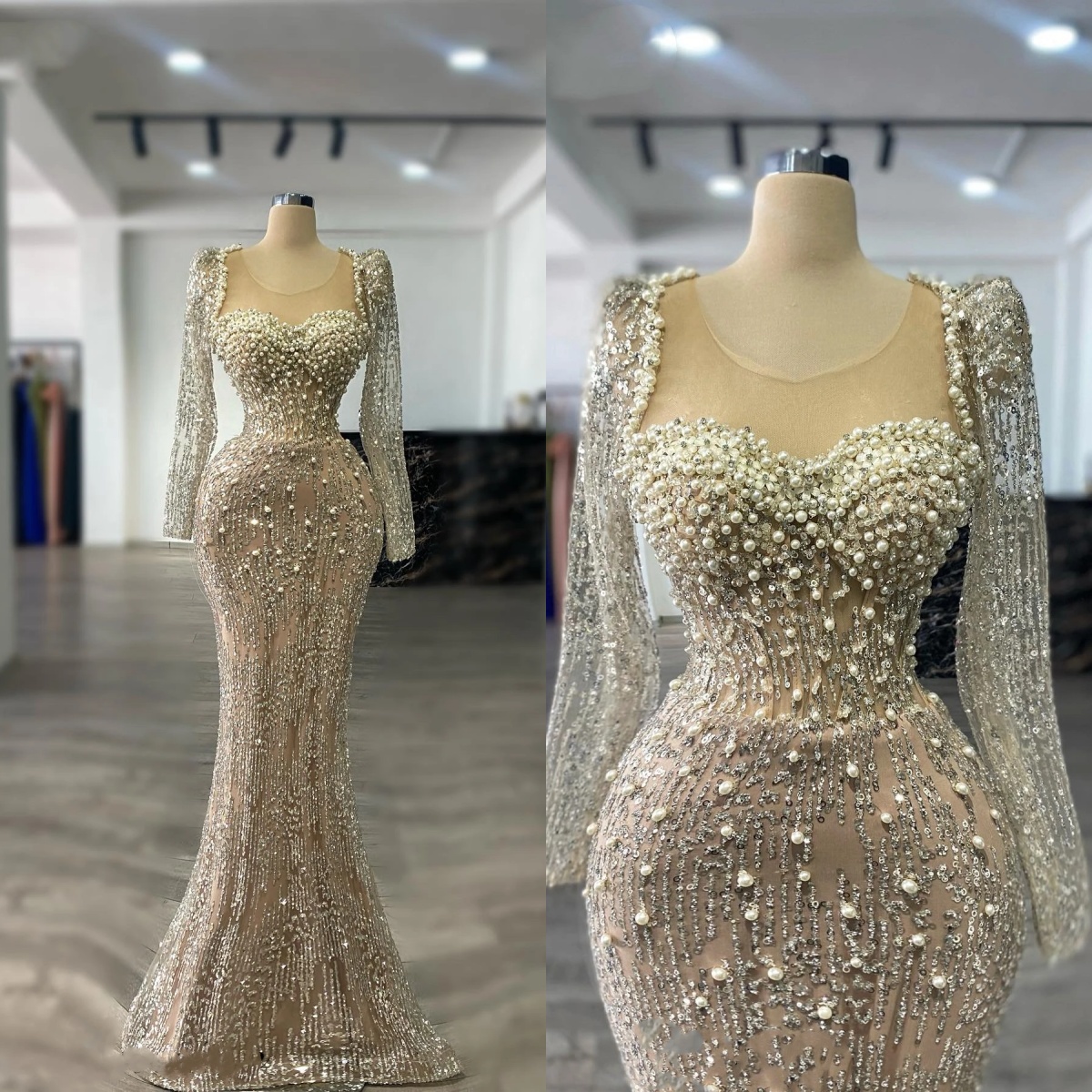 Evening Dresses For Women Sheer Neck Long Sleeves Gown Sequins Pearls Sweep Train Customized Dress Party