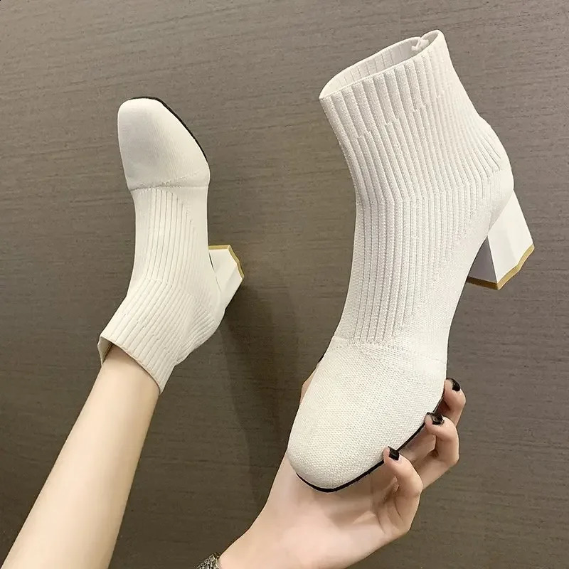 Womens Boots Spring Autumn and Winter Korean Edition Square Head Sleeve Womens Thick Heel Knitted Fashion Boots 241231
