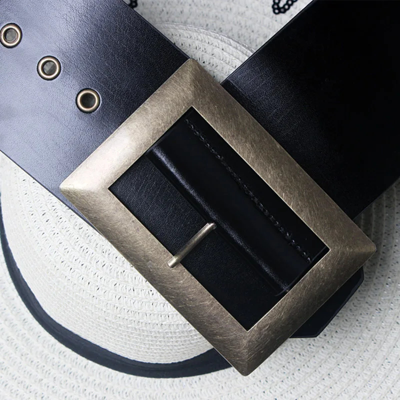 HIgh Quality Genuine Leather Female Wide Belt Punk Fashion Big Square Buckle Black Waist Dress Decorative Belt cinturon mujer 241226
