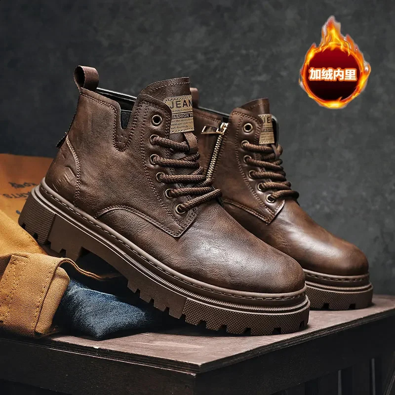 Mens Boots Low-top Motorcycle Boot Casual Leather Work Shoes Men Short Velvet Warm Non-slip Waterproof Trendy Mens Shoe 241231