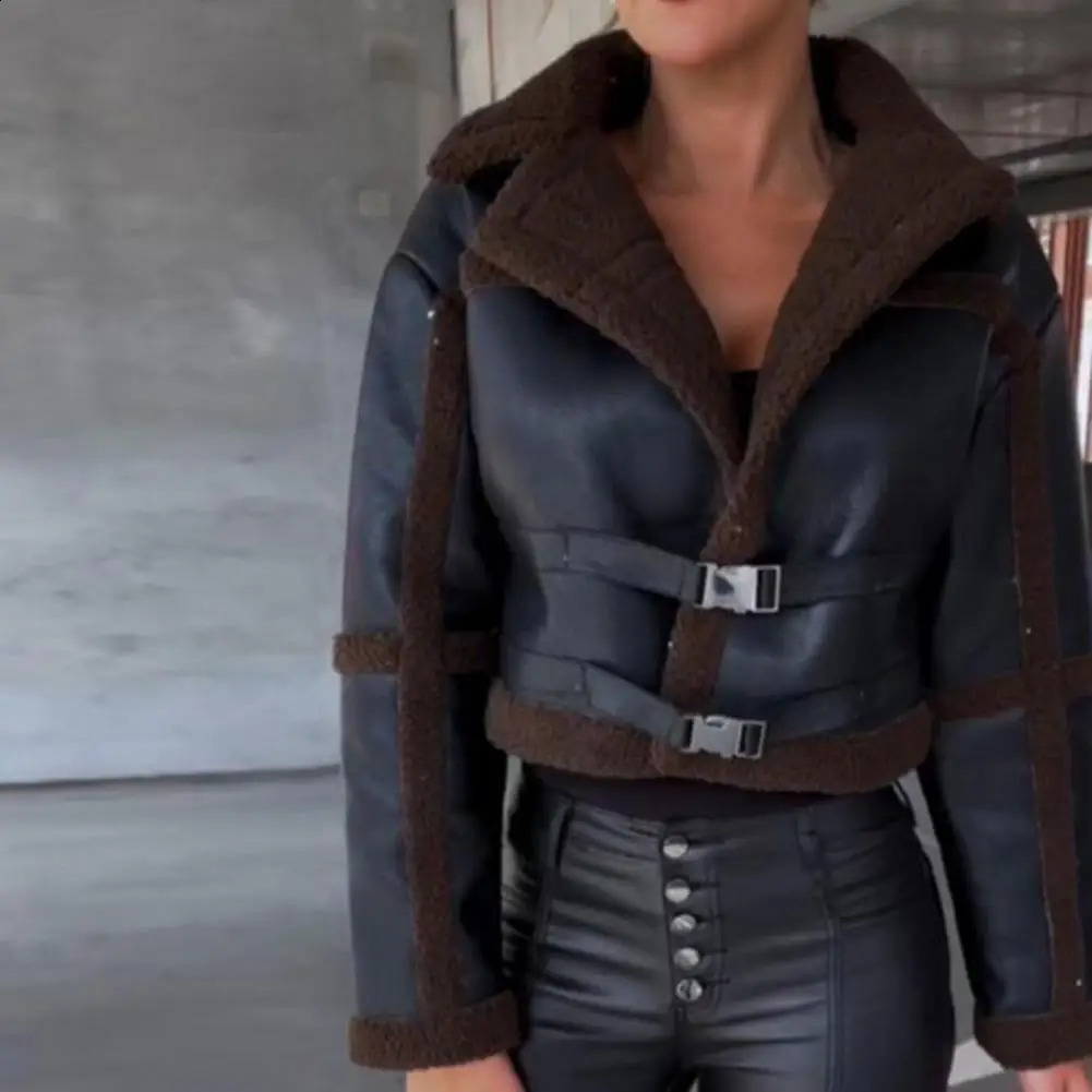 Women Fur Allinone Casual Jacket Vintage Motorcycle Outerwear Womens Faux Leather with Plush for Indoor Autumn 241223