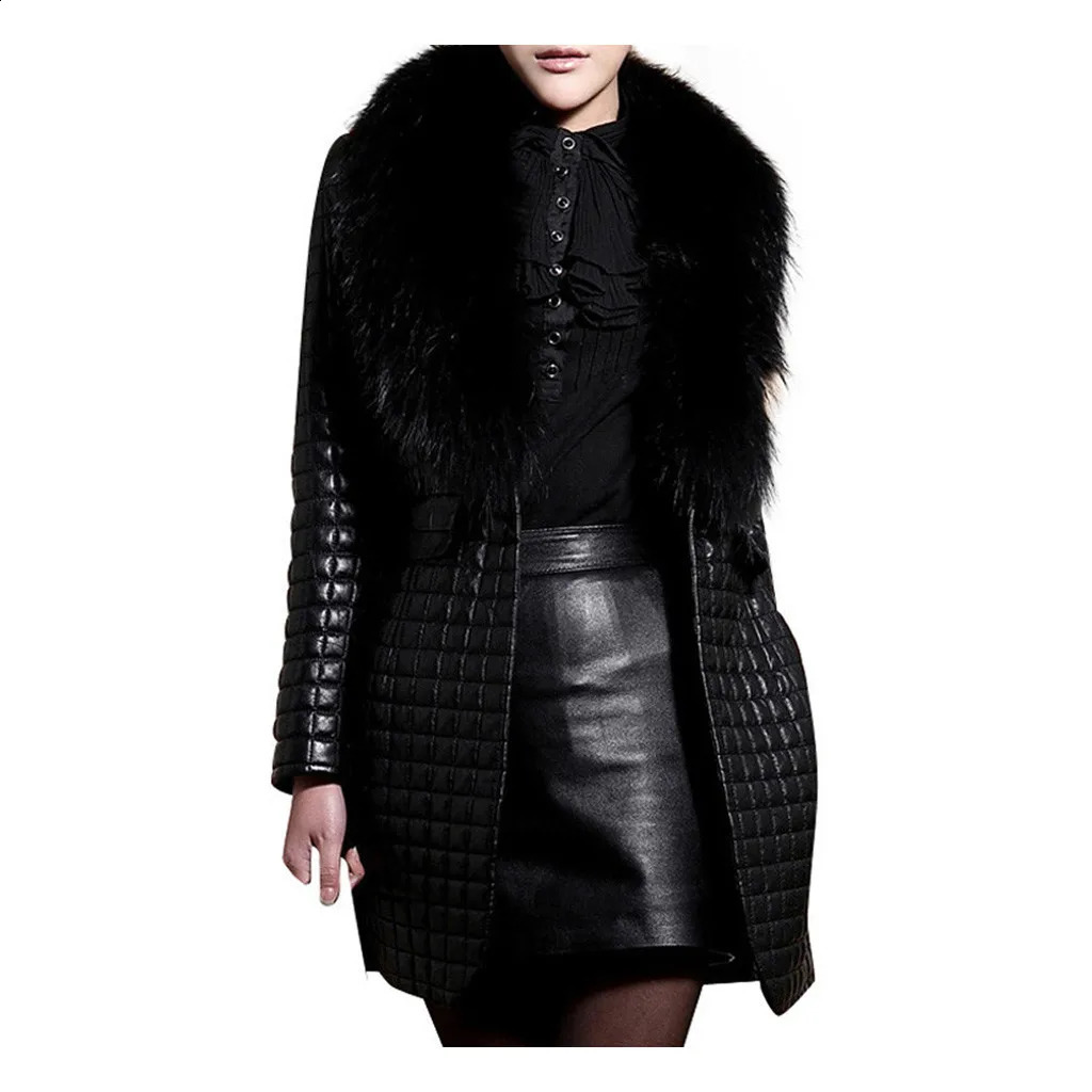 Pu Leather Autumn Winter Mid Length Loose Black Quilted Warm Soft Jacket Coat Women With Faux Fur Trim European Fashion 241223