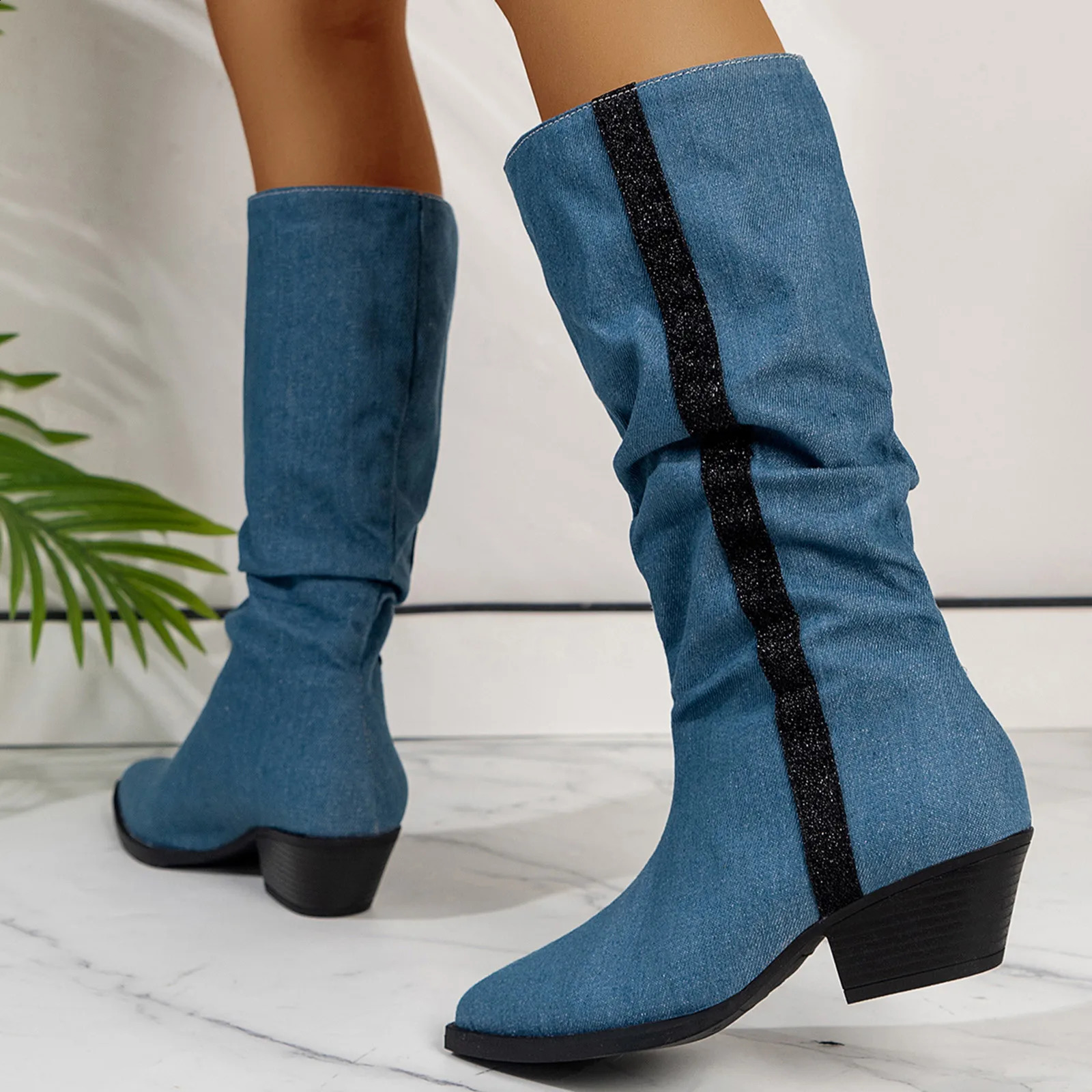 Western Vintage Mid Calf Boots For Women Fashion Retro Winter Denim Thick Heel Pointed Long Sleeve Knee Length Boots Botas 241231