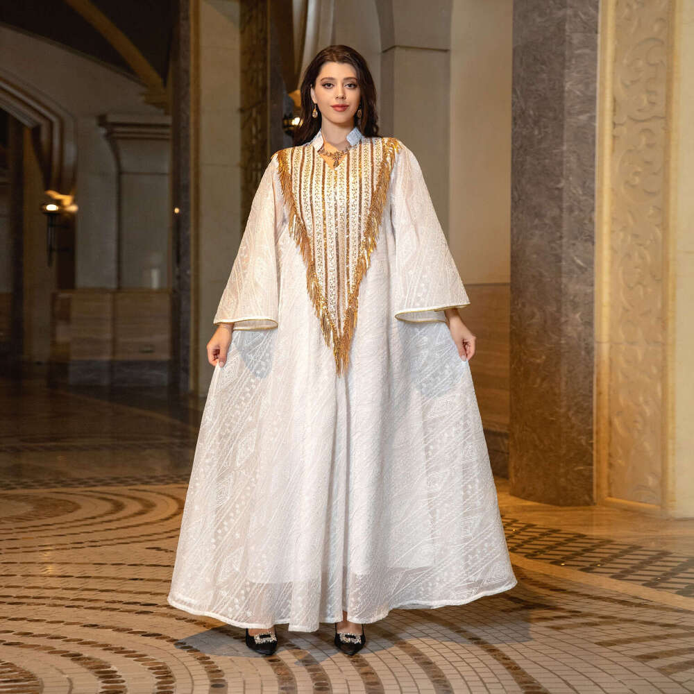 Muslim Evening Arab Dubai Dress Mesh Embroidered Sequined Robe Women's Wear
