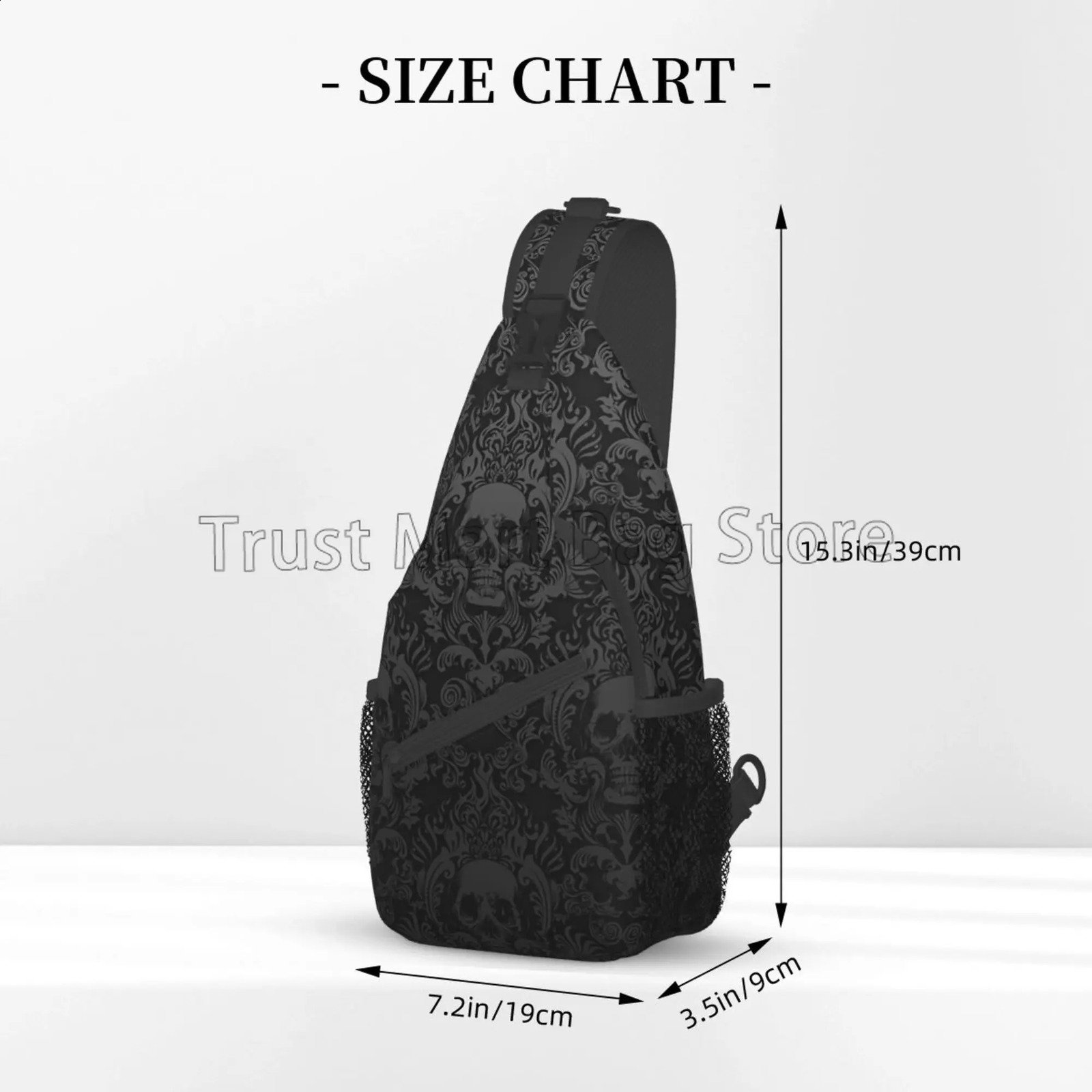 Vintage Black Gothic Skull Damask Sling Bag Crossbody Shoulder Bag Casual Sling Backpack Chest Bag Travel Sports Hiking Daypack 241230