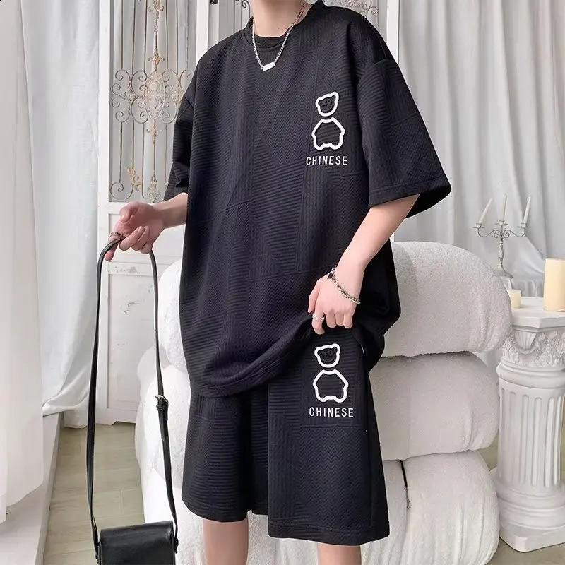 6XL Large Mens Sports Suit Korean High Street Fashion Tshirt Shorts Twopiece Set Men Retro Neck Top Clothes 241223