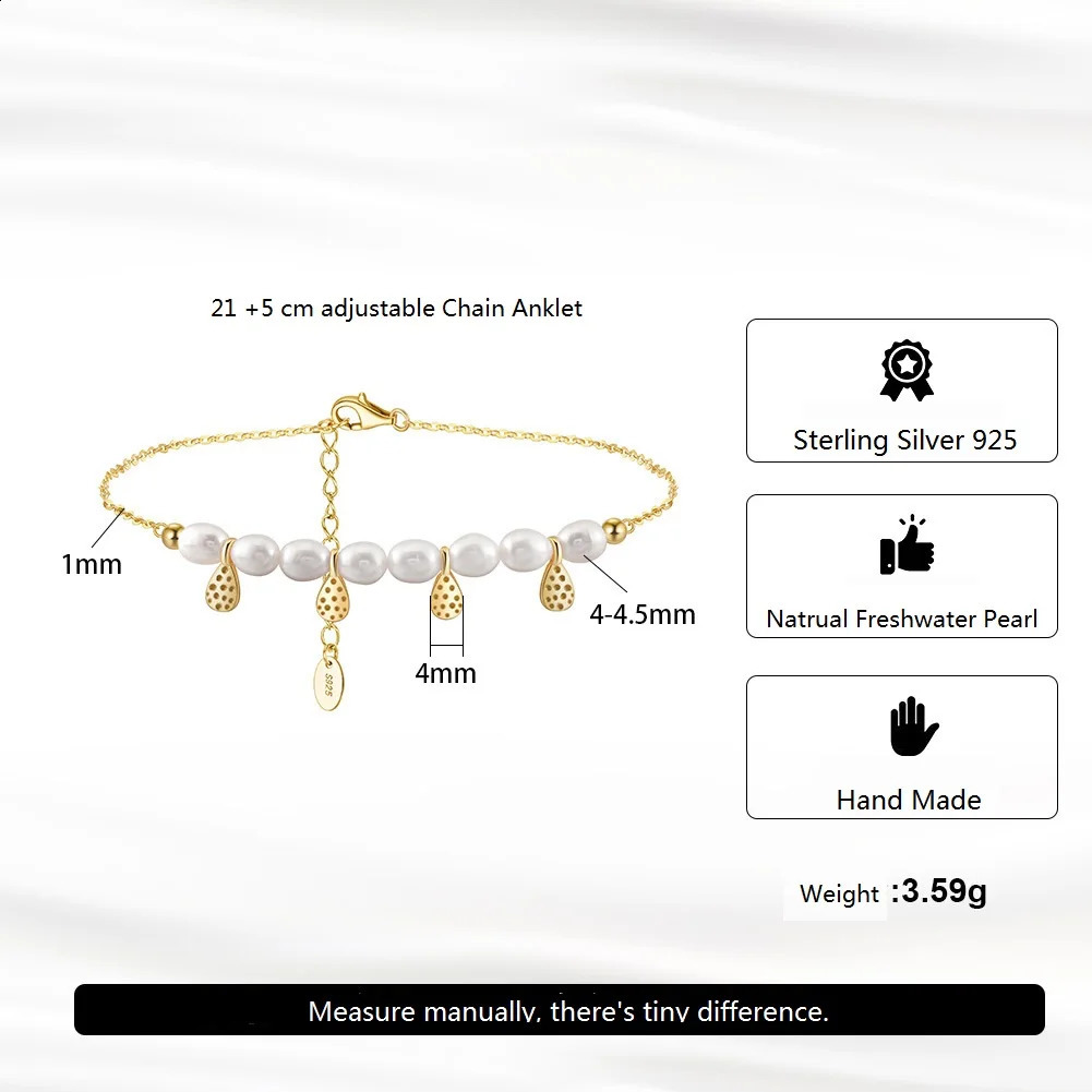 Sterling Silver 925 bracelet Anklet with natural fresh water pearl pendant women 216cm adjustable ankel chain beach jewelry 241226