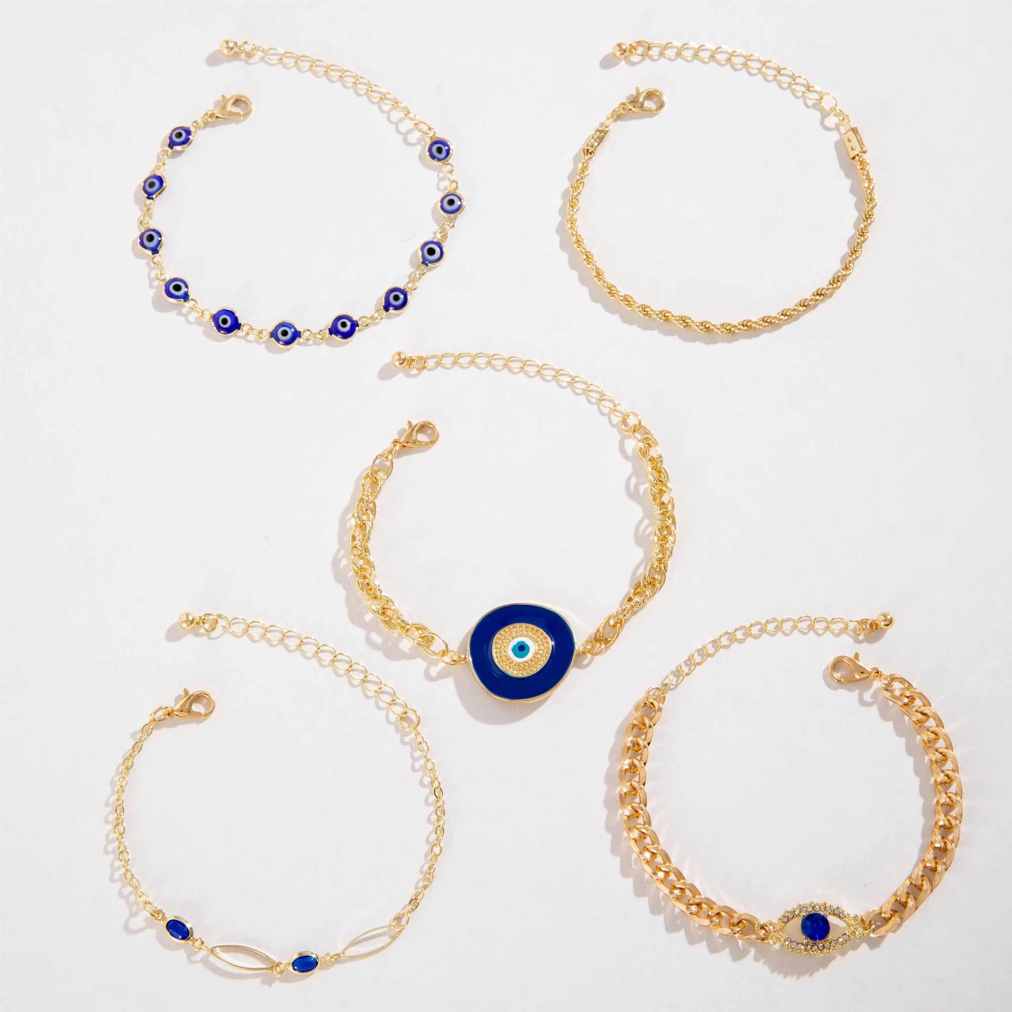 Tocona 5-piece/set Retro Versatile Blue Rhinestone Bracelet for Women Fashyon Blue Eyed Beaded Alloy Bracelet Jewelry 25977 W241231