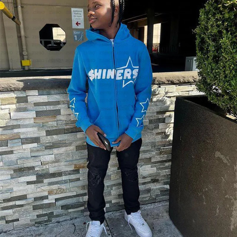 Star Letter Print Hoodie Men Retro Zip Up Long Sleeve Loose Jacket Coats Harajuku Casual Gothic Hooded Sweatshirt Y2K Streetwear 241230