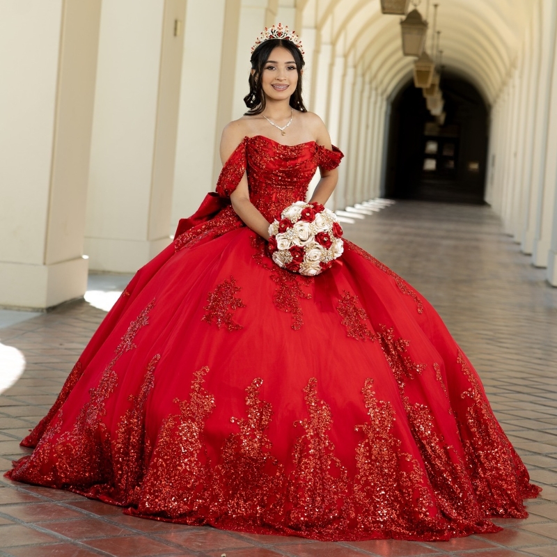 Red Quinceanera Dresses Ball Gown Off The Shoulder Sequin Applique Lace Beading Bow Tull Party Birthday Sweet 16 Vestido De 15 Anos