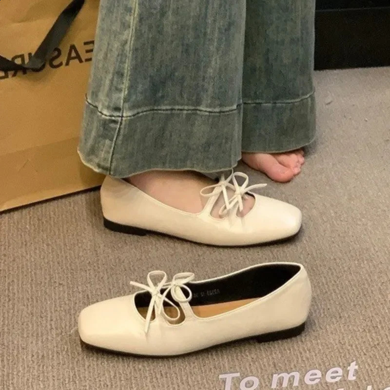 Womens Boat Shoes Square Toe Slip on Flat Double Bow Ballet Flats Girls Princess Leather Spring Zapatos Mujer 241225