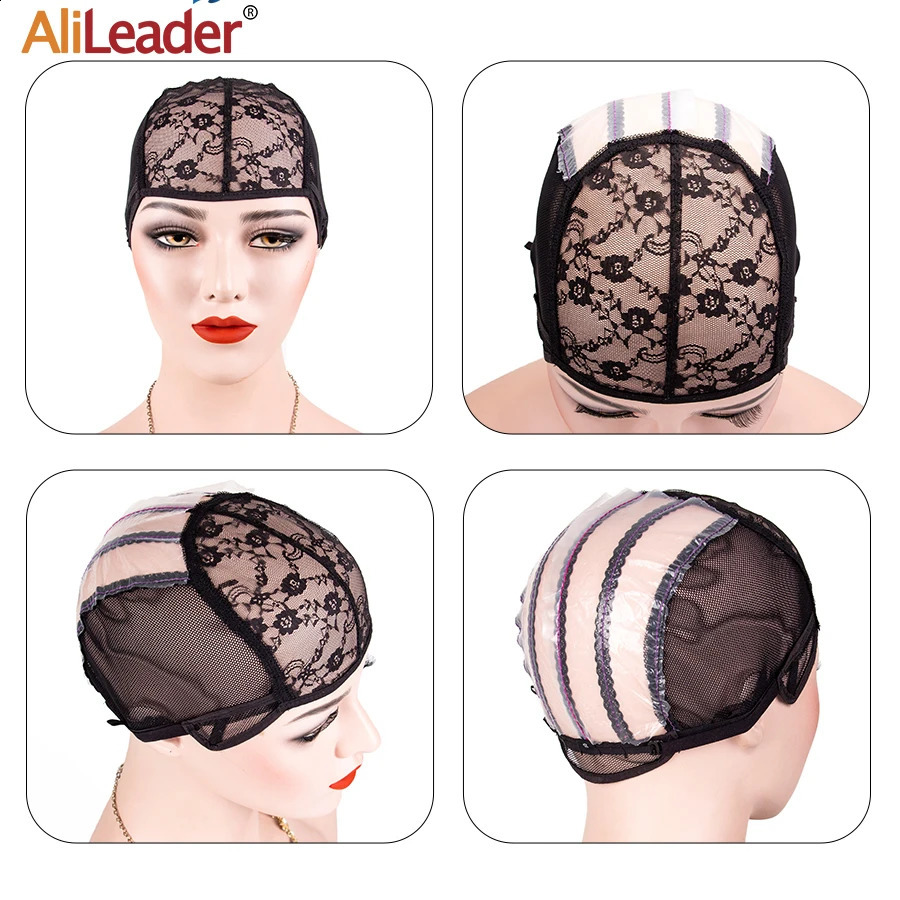 Alileader 5Pcs Black Beige Lace Wig Caps With Gummed Paper Adjustable Straps Swiss Lace Hairnet For Women Easy Weaving Wig Caps 241230